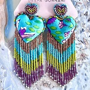 NWT Deepa Gurnani Beaded Heart Fringe Chandeliers
